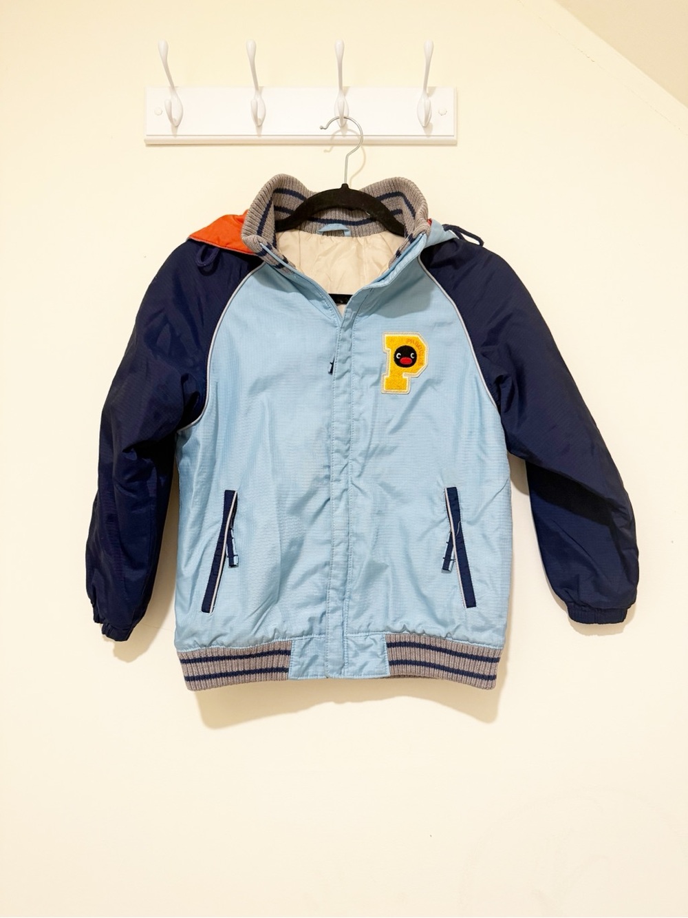 Vintage Kids Two-Tone Light Blue & Navy Hooded Puffer Jacket with Pingu